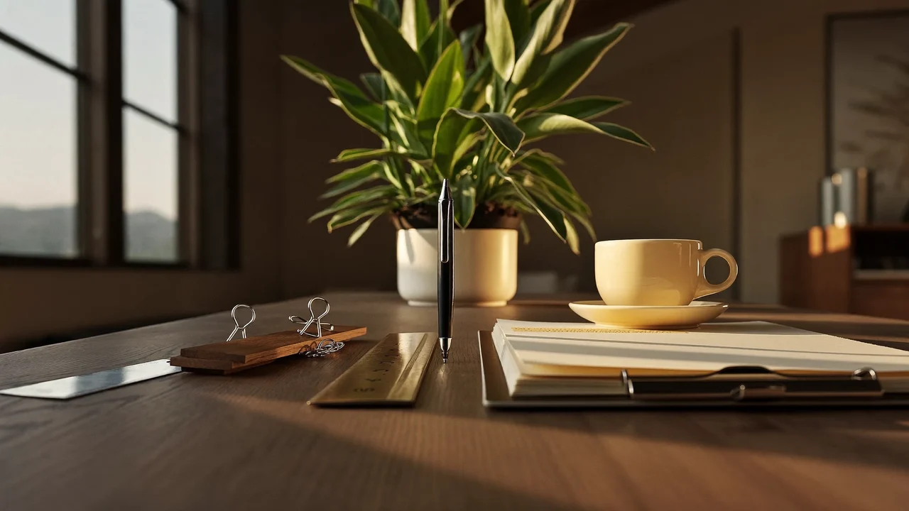 Schreibtischdetail mit Füller, Lineal, Büroklammern, Pflanze und Kaffeetasse