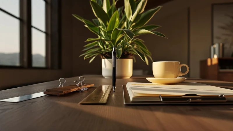 Schreibtischdetail mit Füller, Lineal, Büroklammern, Pflanze und Kaffeetasse